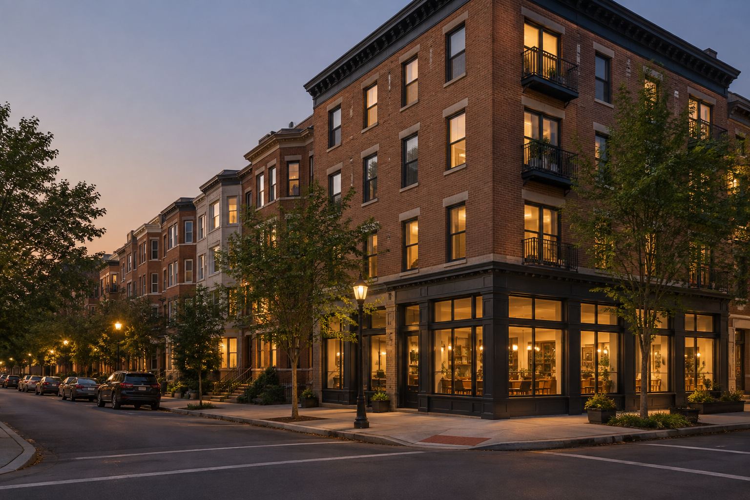 A Washington, DC mixed-use corner building at dusk, illustrative