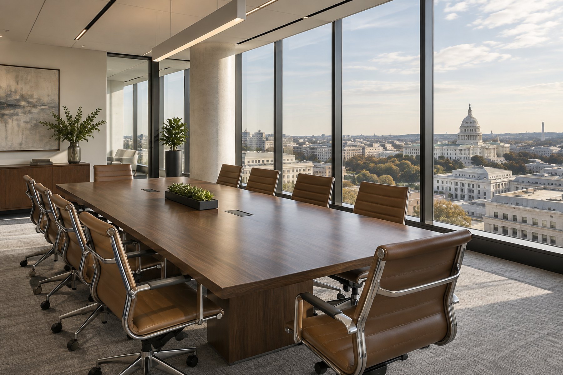 A conference room overlooking Washington, DC, illustrative